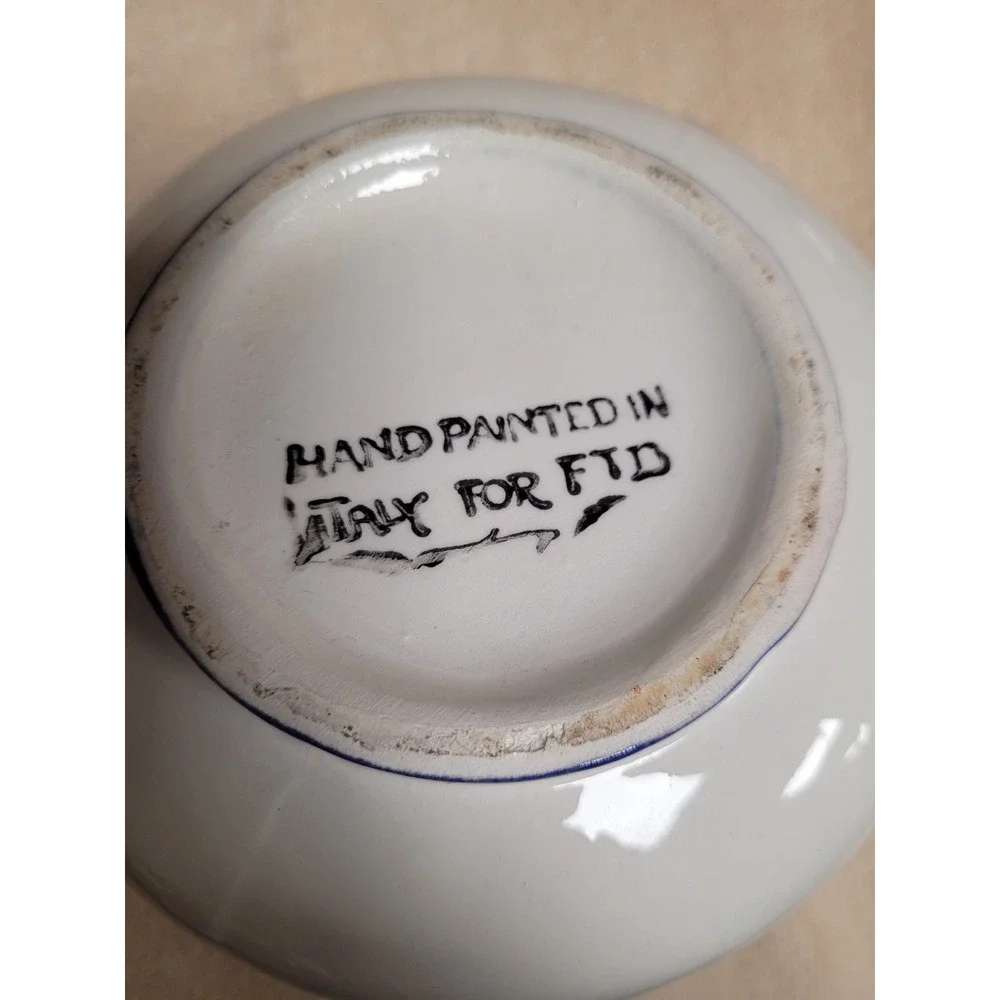 FTD Vintage Hand Painted Italy Ceramic‎ Floral Creamer Pitcher Blue White Small